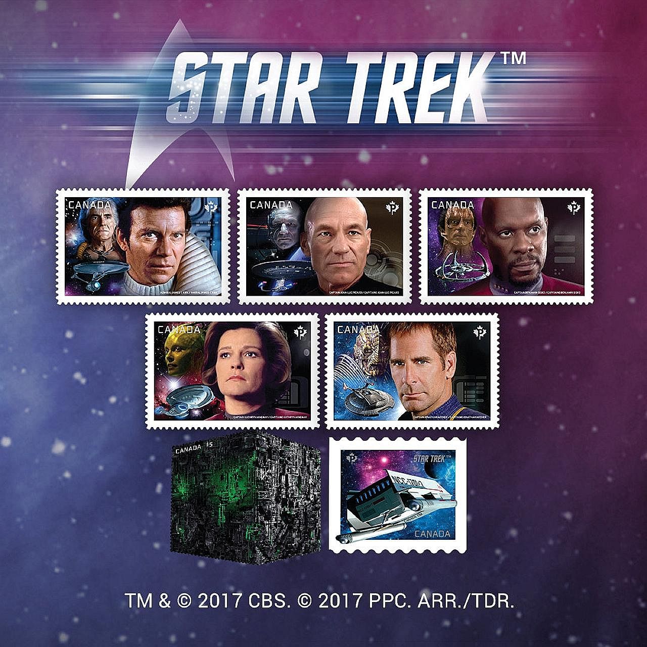 Star Trek continues to put its stamp on the philatelic world. Canada Post has just launched a collection of seven stamps, with five featuring the captains from each of the five Star Trek television series. They are shown with a key nemesis from the s