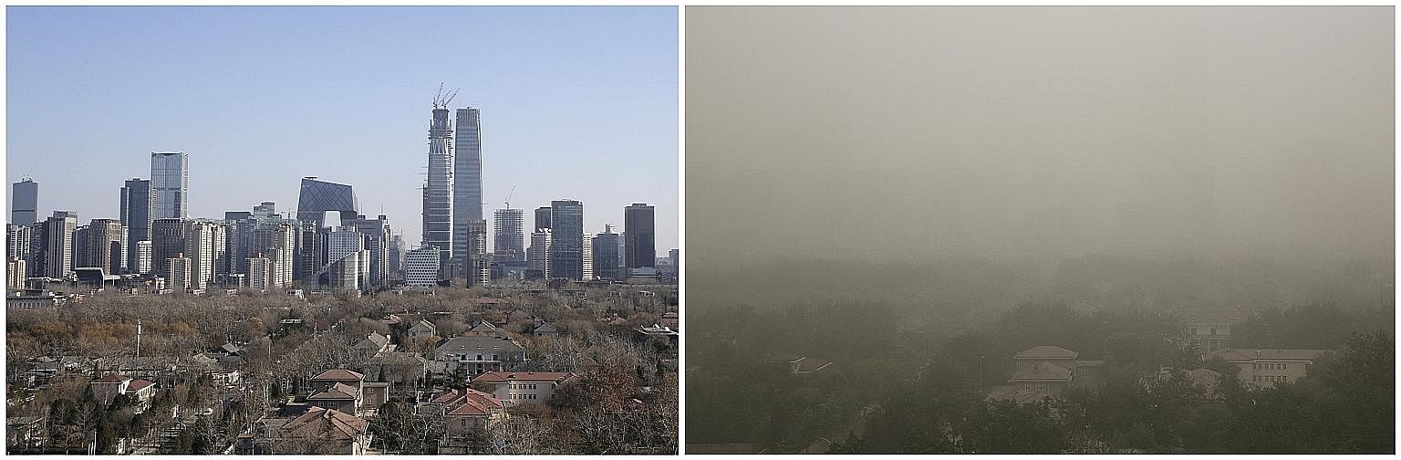The skyline of Beijing's central business area on a sunny day in December last year, and during the dust storm yesterday. Such storms occur regularly in spring, when winds from China's north-west blow loose soil and sand from the Gobi Desert into the