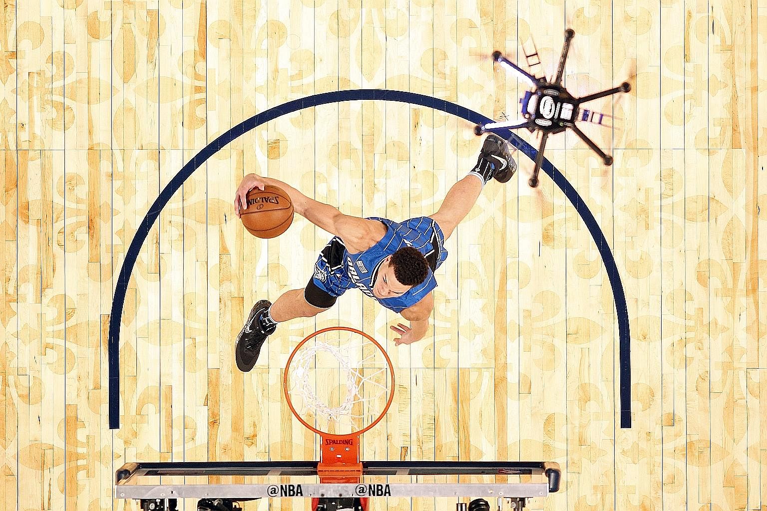 Orlando Magic forward Aaron Gordon attempting a dunk with a ball dropped by a drone in a slam dunk contest during the NBA All-Star Saturday Night at Smoothie King Centre in New Orleans on Feb 18.