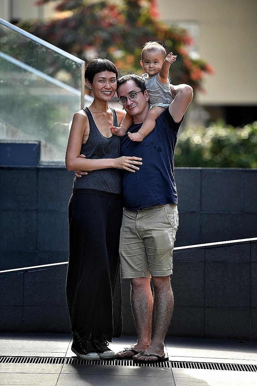 The 174cm-tall Ms Karen Phan is 9cm taller than her husband Laurent Pastorelli (with their baby Emma).