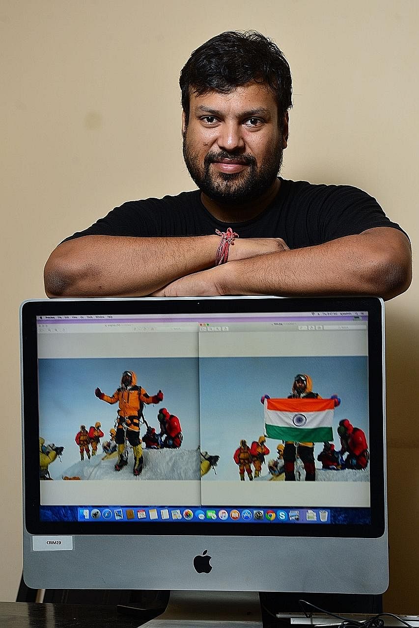 Mountaineer Satyarup Siddhanta showing a photo of his Everest summit (left on screen) and the doctored version by an Indian couple to make a fake claim of a summit.