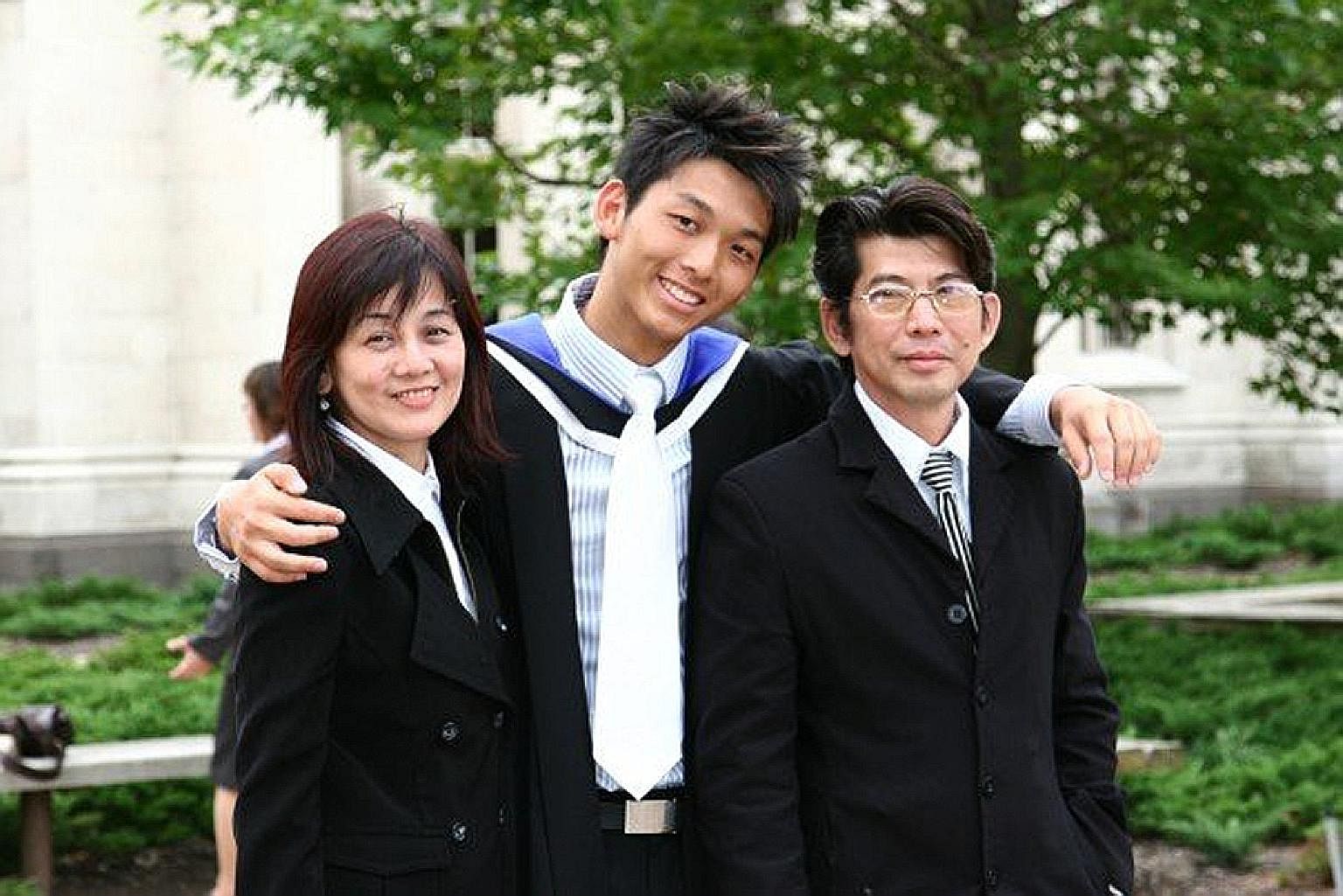 My life so far: Mr Nelson Yap and his parents (above) at his graduation in Melbourne, and on a vacation to Hong Kong last year with his wife and their daughters.