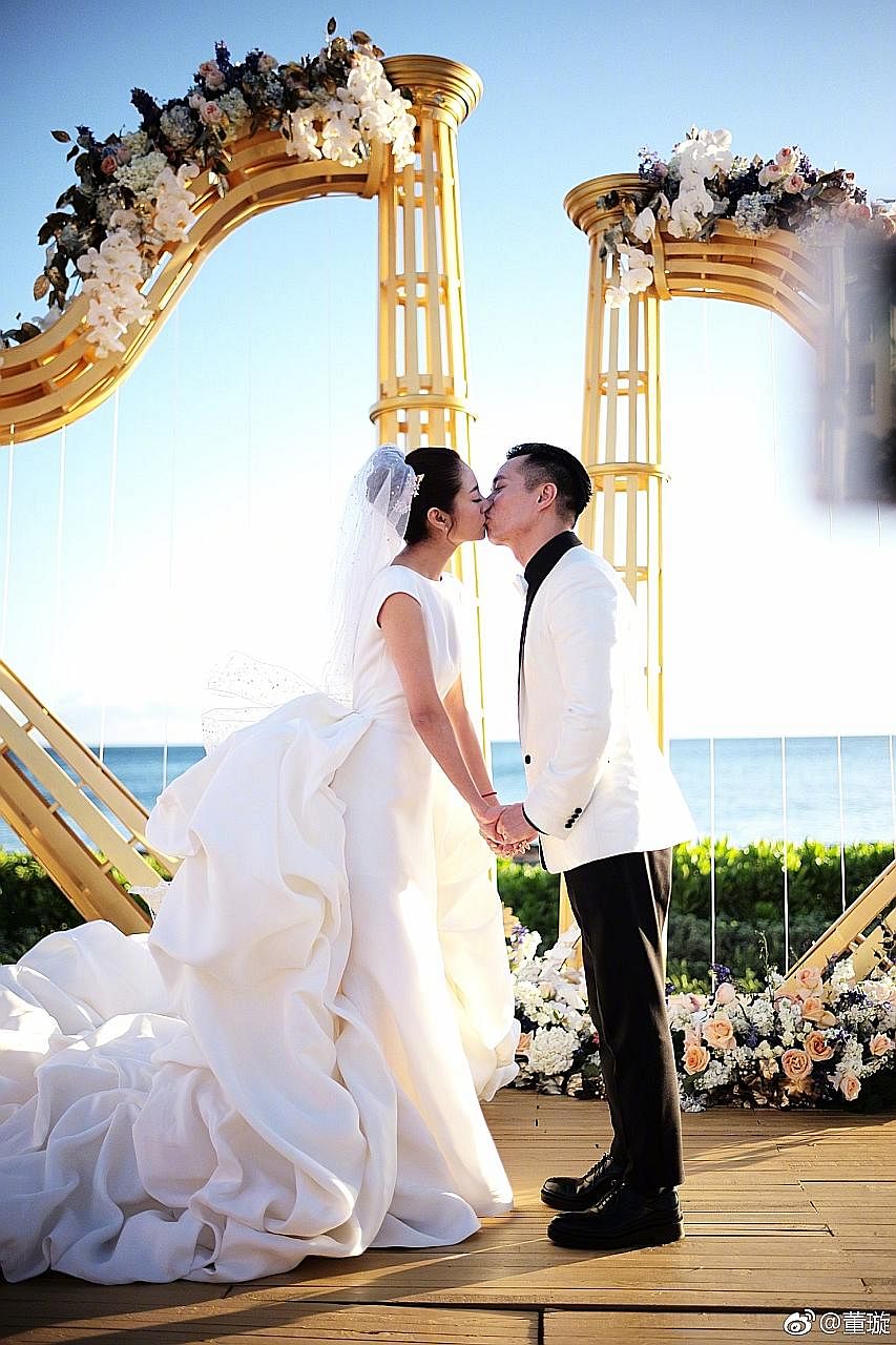 Actress Ady An wore a custom-made Stephane Rolland bridal gown when she married businessman Levo Chan in Hawaii on Monday.