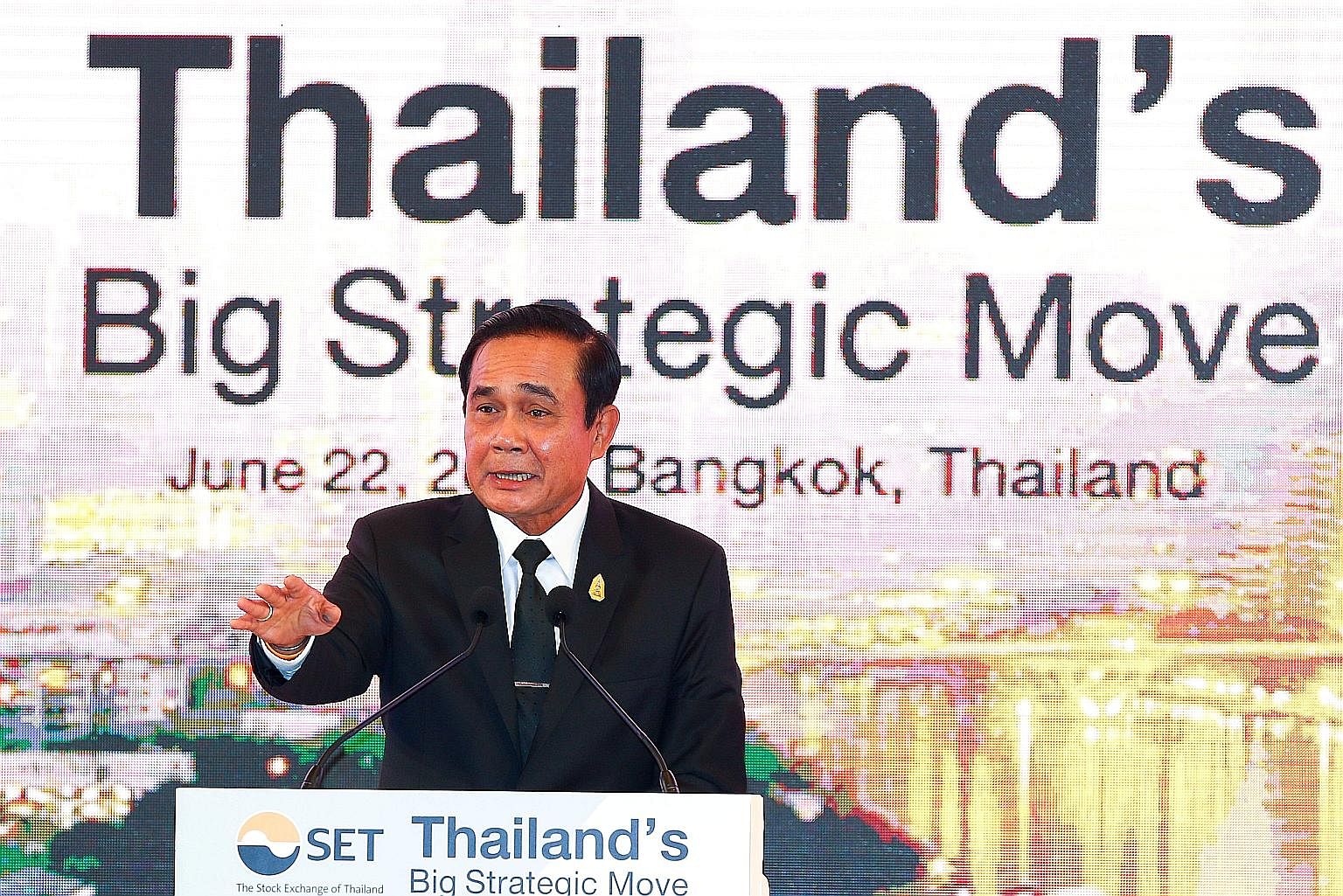 Thai Prime Minister Prayut Chan-o-cha speaking to investors at the Big Strategic Move conference in Bangkok last week. Despite repeated assurances about holding a general election, the four politically charged questions he asked recently and his "50 