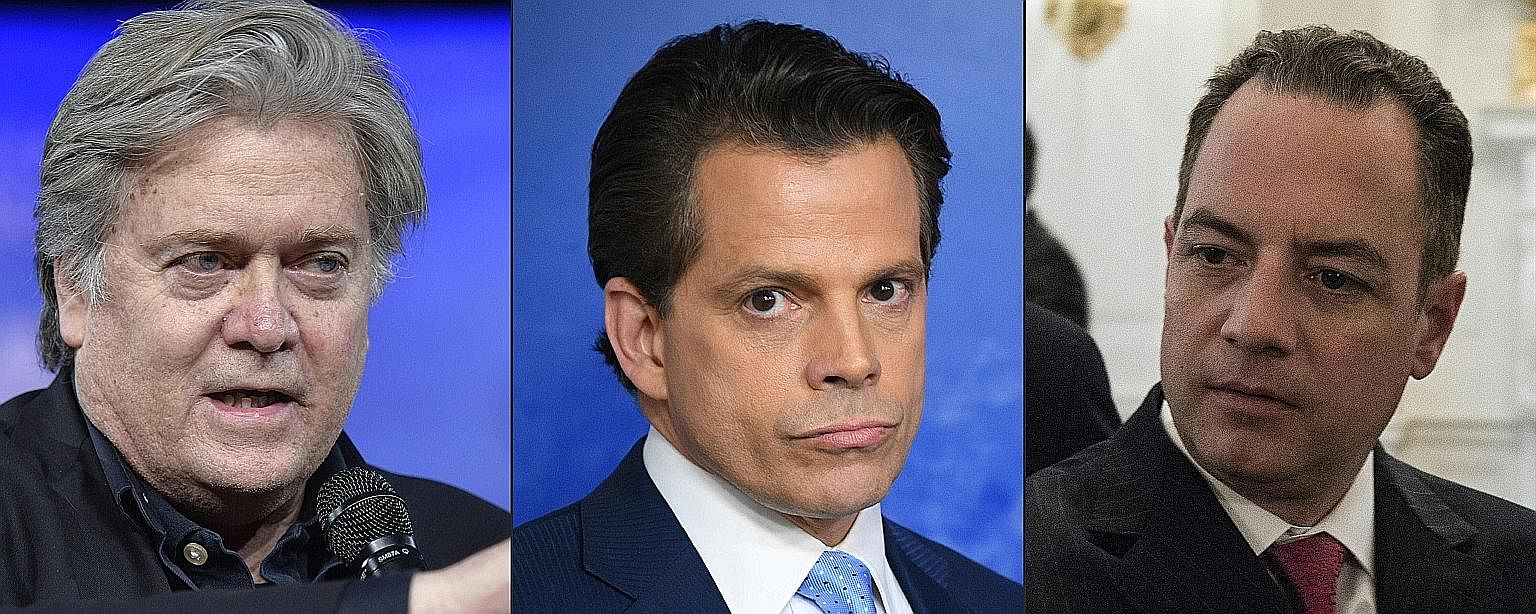 White House communications chief Anthony Scaramucci (centre) let fly a foul-mouthed rant at chief strategist Steve Bannon (left) and chief of staff Reince Priebus over a perceived leak.