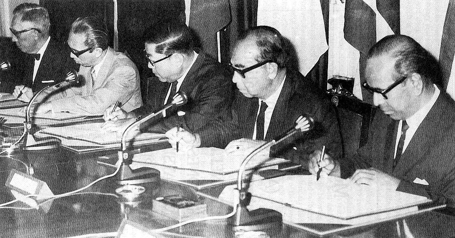 Singapore's foreign minister S. Rajaratnam (far right) at the historic meeting in Bangkok to sign the founding of Asean declaration on Aug 8, 1967, together with (from left) foreign ministers Narciso Ramos of the Philippines, Adam Malik of Indonesia,