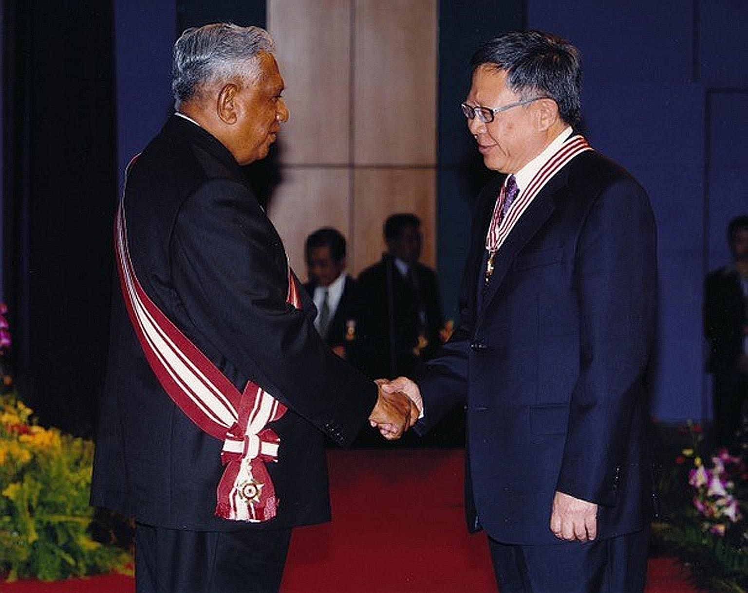 Mr Eddie Teo receiving the Distinguished Service Order from then President S R Nathan in 2006. Mr Teo, who has been awarded the Order of Nila Utama (First Class) this year, said Mr Nathan "taught me the values, discipline and instincts required for p