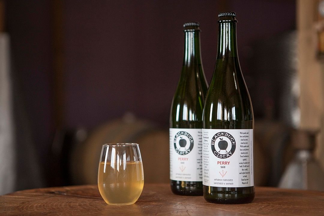 Bottles of pear cider, called perry, at Blackduck Cidery in Ovid, New York. 
