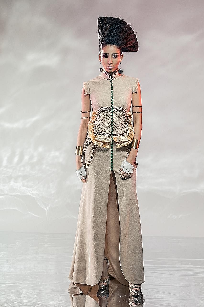 Designer Lai Chan of Laichan will re-create this look (right) with different colours and details for the opening show of the Singapore Fashion Week on Oct 26. Modest wear (above) by Malaysian designer Jovian Mandagie.