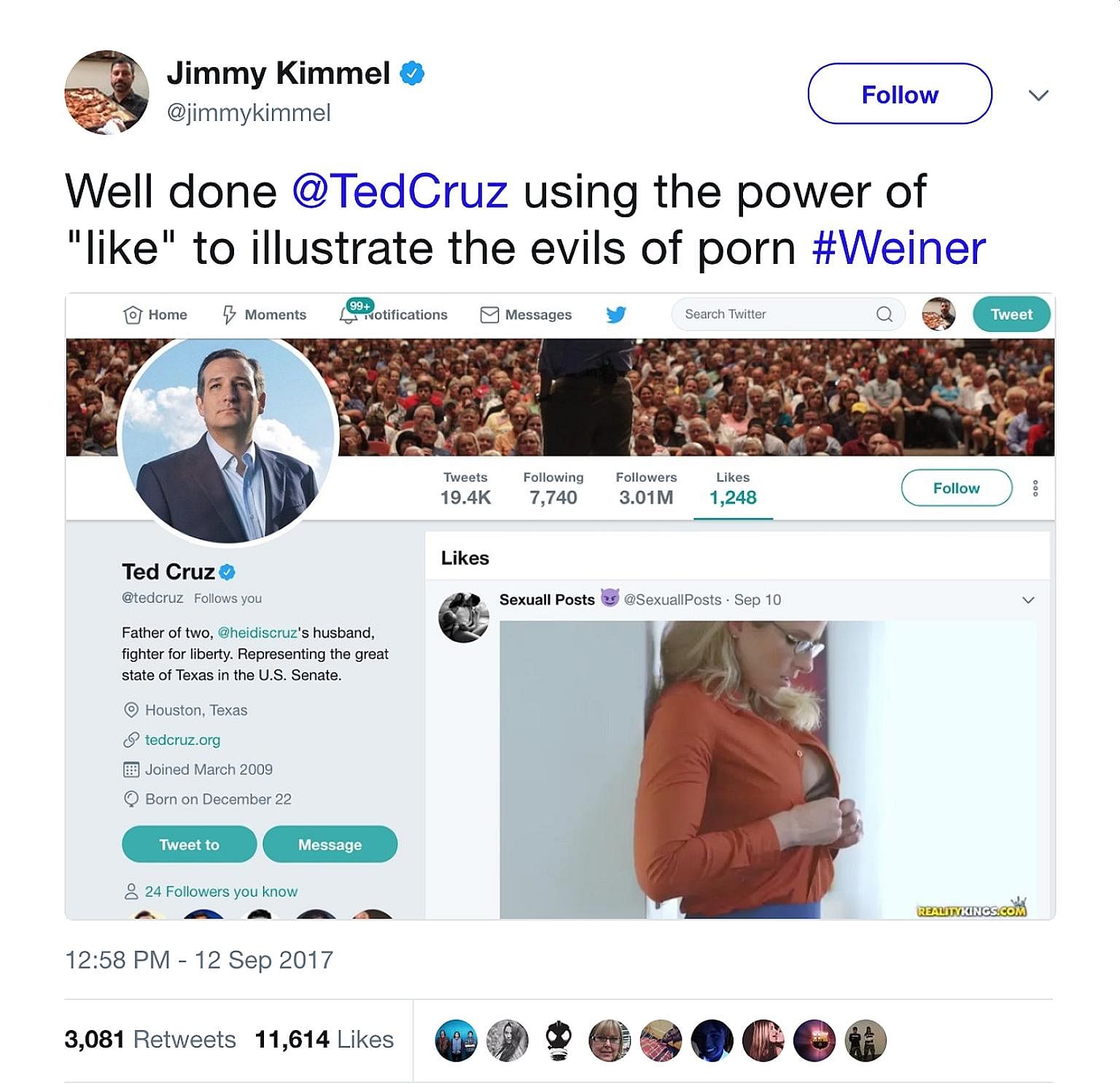 Comedian Jimmy Kimmel making fun of US Republican Senator Ted Cruz after the politician, or a staff member manning his Twitter account, reportedly "liked" a two-minute pornographic video.