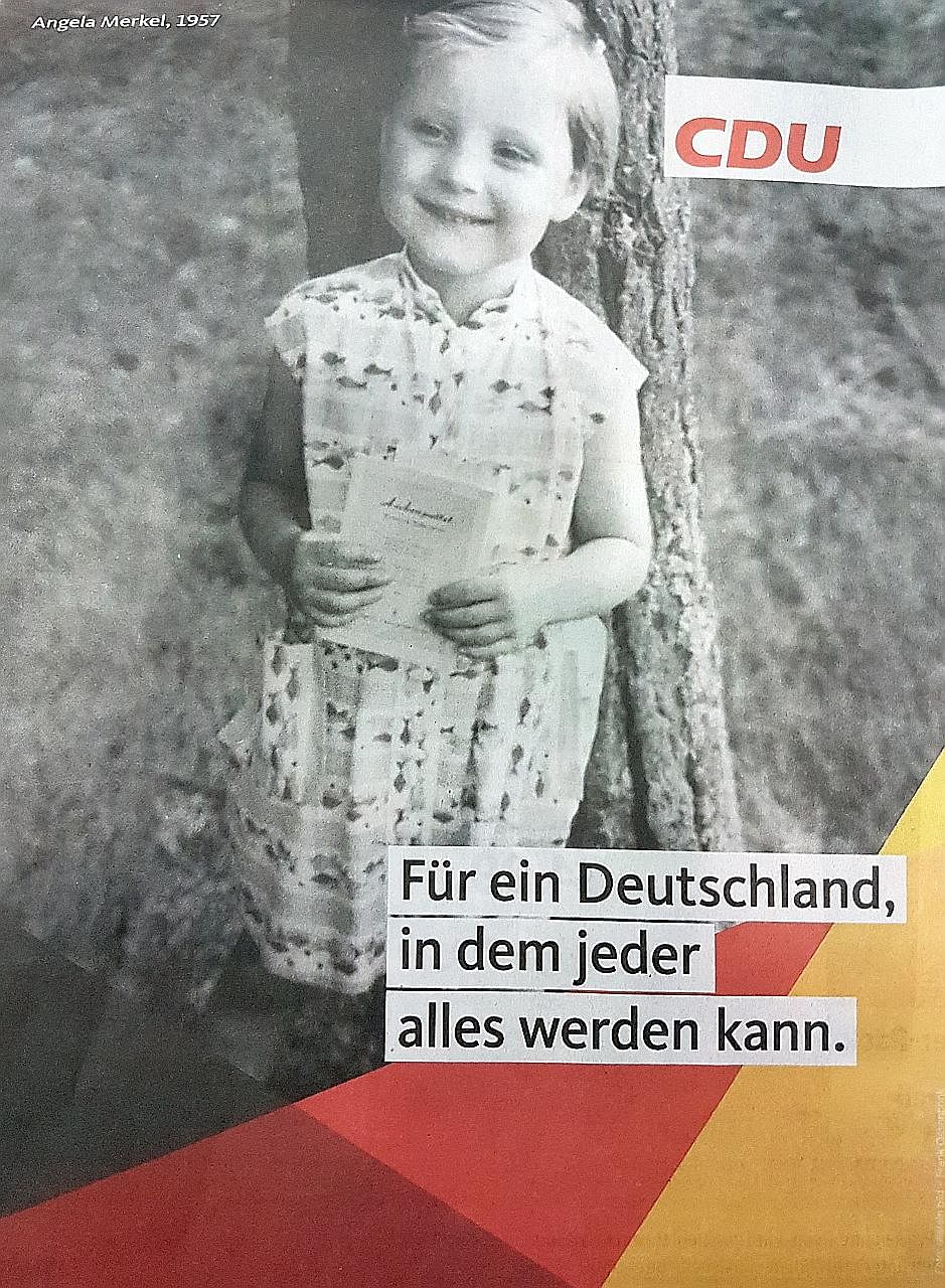 Left: German Chancellor Angela Merkel at a news conference with children at a Christian Democratic Union (CDU) meeting centre in Berlin on Sunday. Above: An unusual CDU campaign ad published on Monday in the daily Bild featuring Dr Merkel in 1957, wi