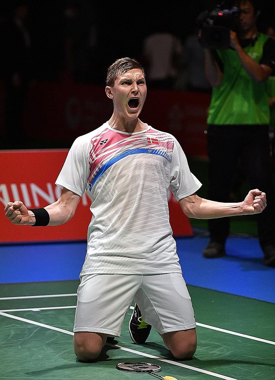 Viktor Axelsen celebrates defeating Lee Chong Wei in the Japan Open final. The Dane's win will see him rise to the top of the world rankings.