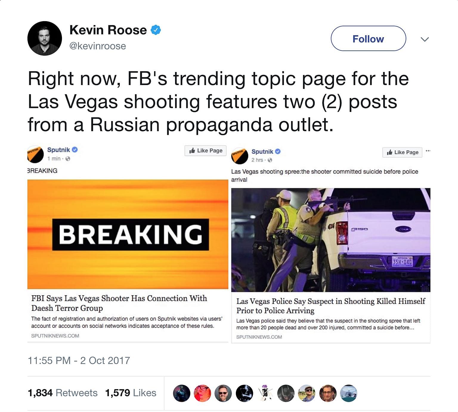 In the wake of last weekend's mass shooting in Las Vegas, Facebook's Trending Stories page brought up stories from Sputnik, a site that reportedly has links to Russia. One trending story, which eventually proved to be false, was that the FBI claimed 