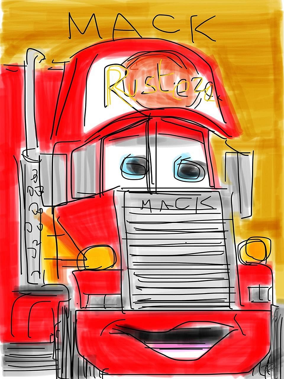 The drawings, which started as a way to encourage the grandson's interest in letters and words, have evolved from stick figures to more complex subjects such as Mack the truck (above) from the film Cars, and BB-8, the droid from Star Wars.