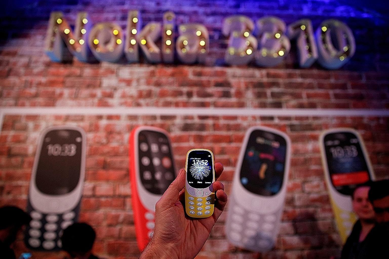 A Nokia 3310 being presented at the Mobile World Congress in Barcelona, Spain, in February. The phone, one of two new devices which went on sale in Singapore this month, is a reboot of the feature phone with the same name from 2000.