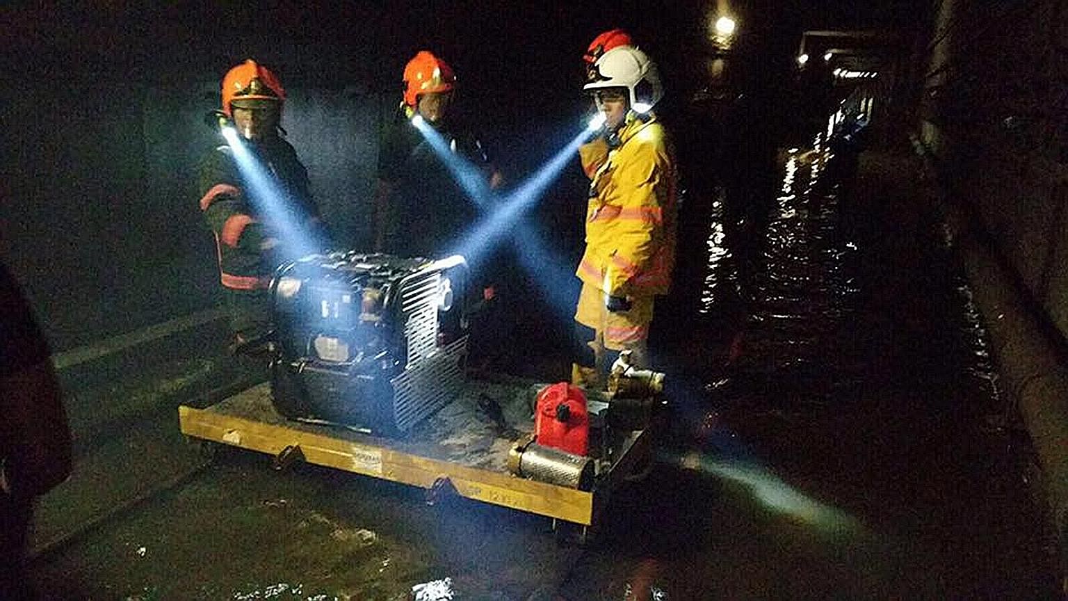 The Singapore Civil Defence Force, which received a call from SMRT about flooding in the tunnel between Braddell and Bishan MRT stations earlier this month, worked with the engineering teams from the Land Transport Authority, PUB and SMRT to pump out