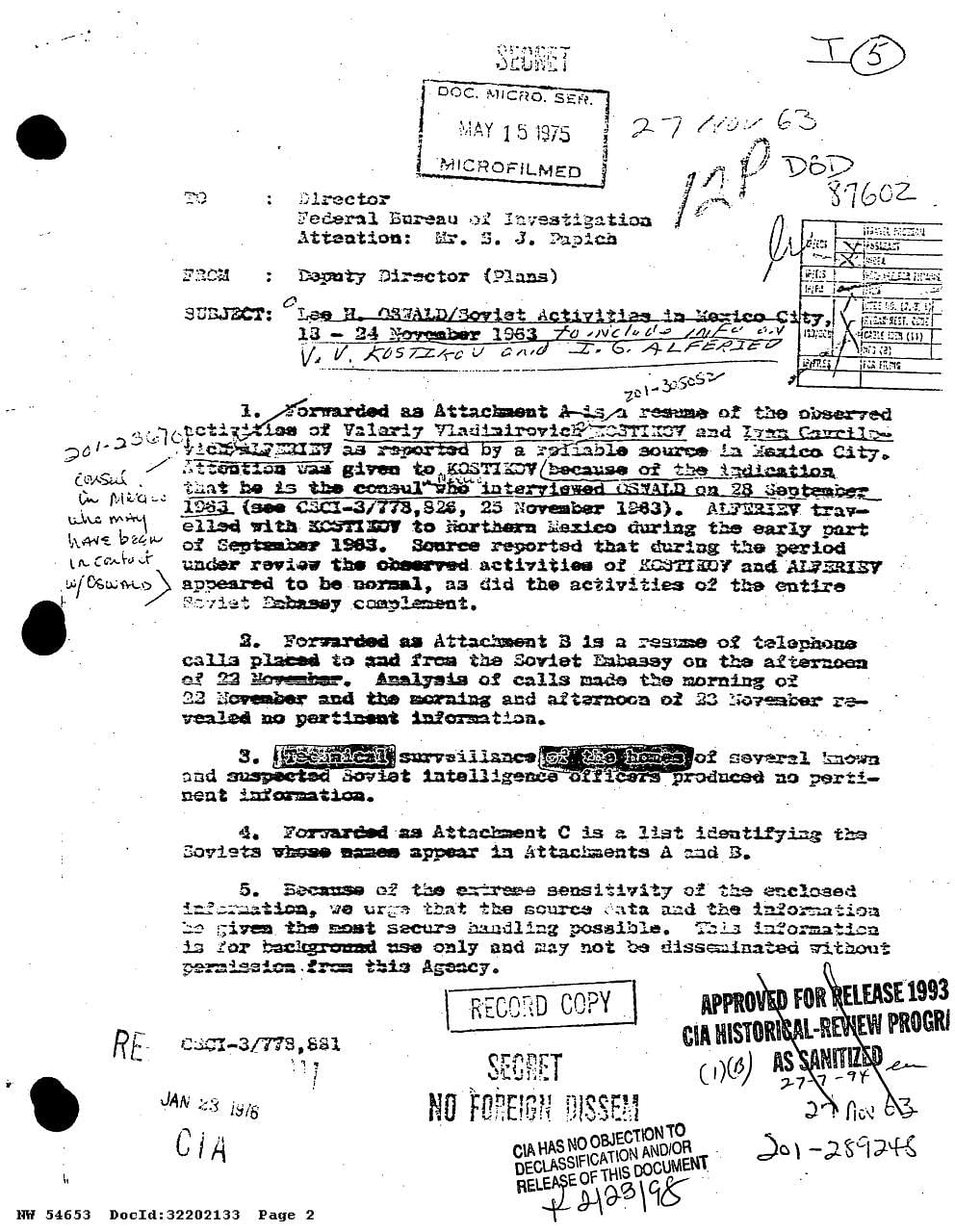 An FBI report about former president John F. Kennedy's killer Lee Harvey Oswald released by the National Archives.