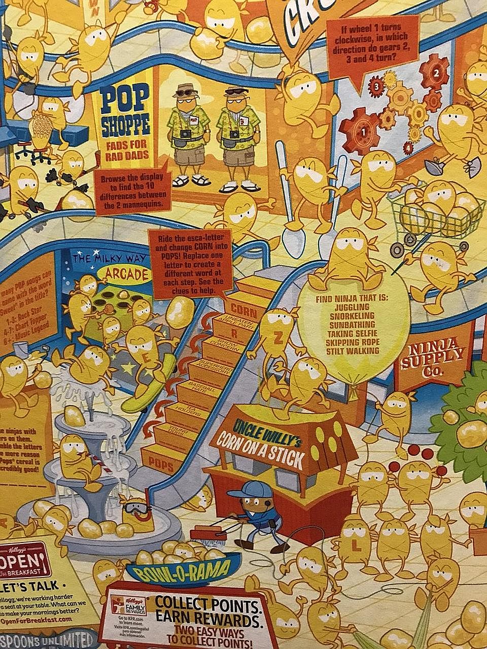 The Corn Pops cereal box's yellow characters (right) with only a brown one (above).