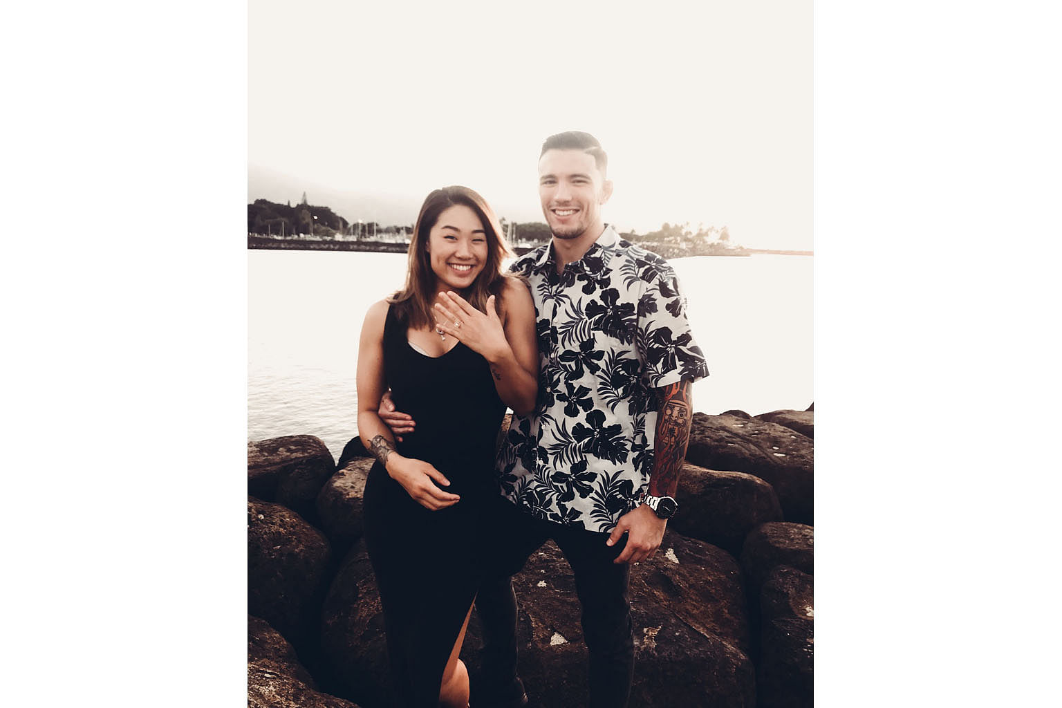 One Championship mixed martial arts exponents Angela Lee and Bruno Pucci celebrating their engagement in Hawaii.