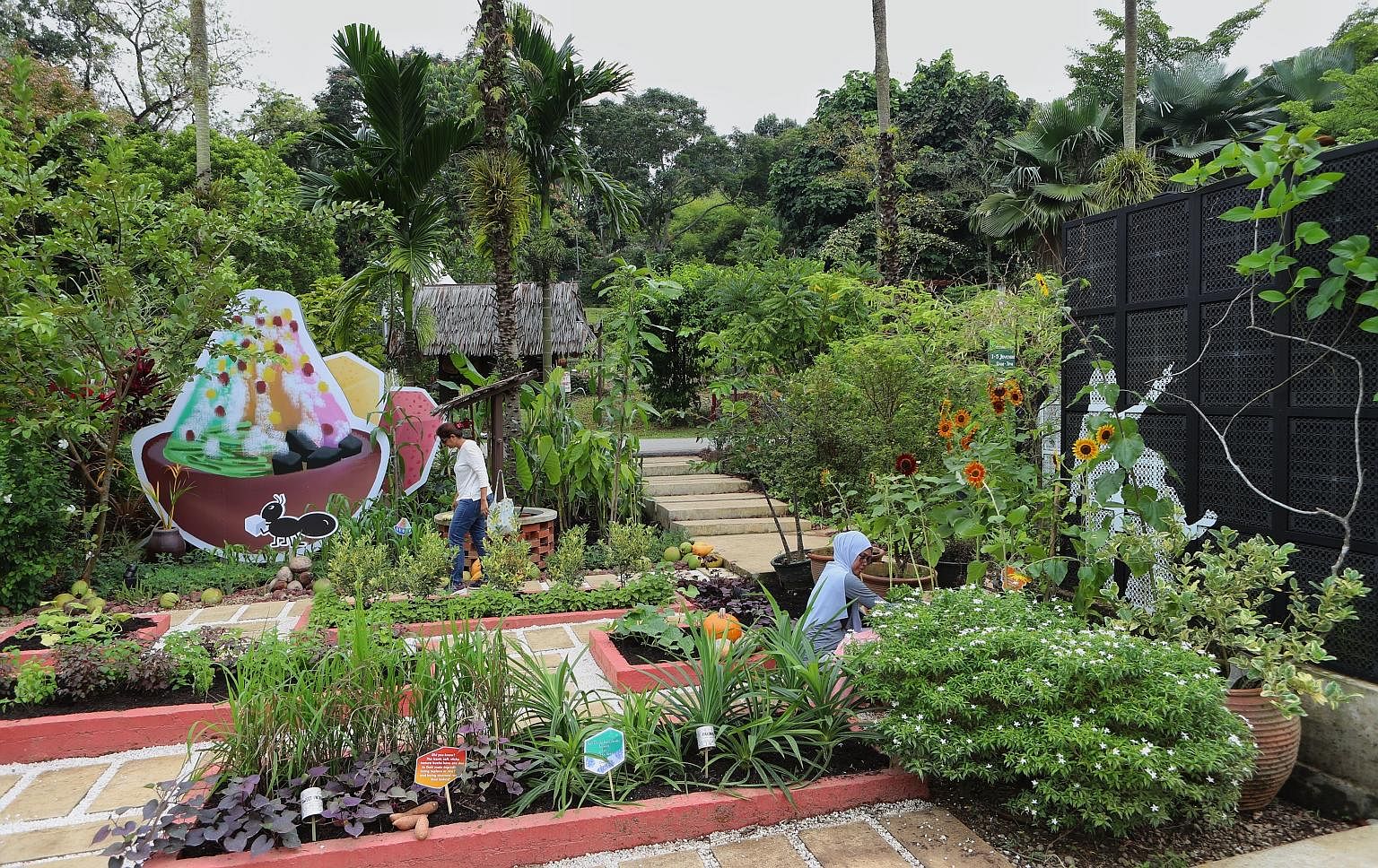 The Balik Kampung garden display focuses on local desserts such as ice kachang, featuring plants that produce the ingredients that go into them. The centrepiece at the festival, held from today to Sunday, is a 3m-tall, over 200kg crimson bird made of
