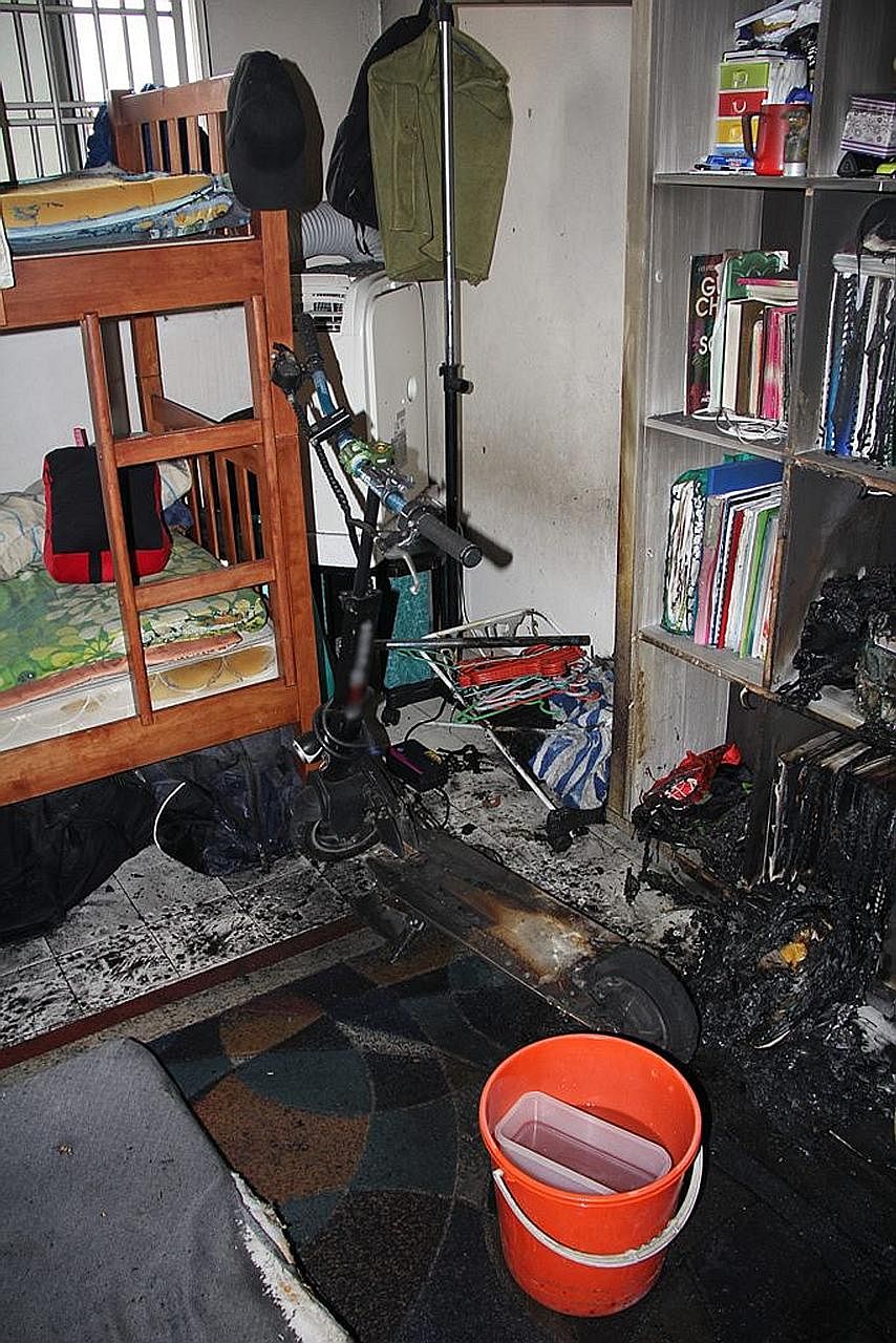 Above: In Tuesday's incident, 23-year-old deliveryman Ridwan Ithnin suffered burns after an e-scooter exploded in his Yishun flat.Left: Last month, a family escaped through their bedroom window after an e-bike charging in the corridor of a Bukit Bato