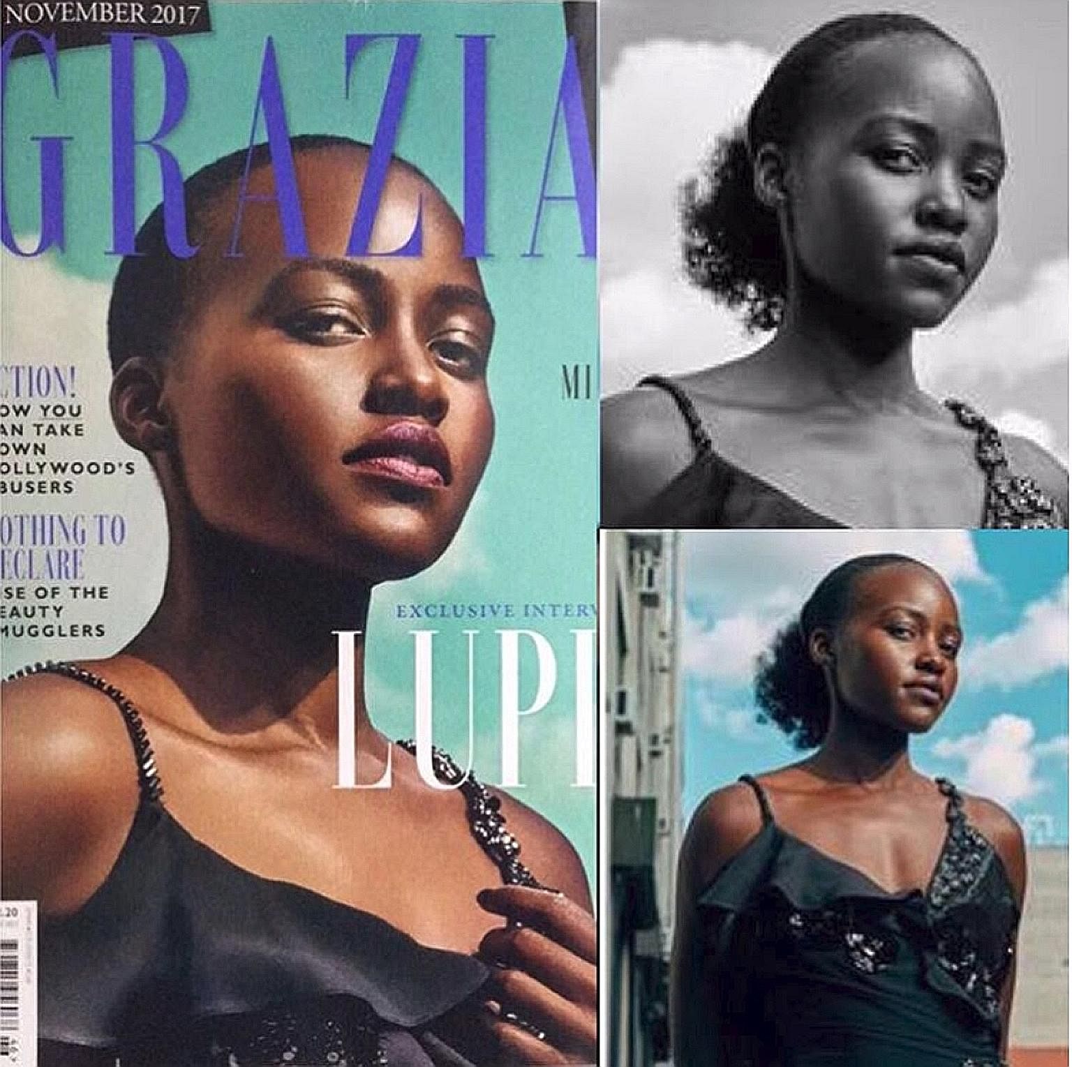 Actress Lupita Nyong'o's mass of curly black hair, held in a thick ponytail at the back of her neck in the original photograph, was gone in an altered image on the cover of the magazine Grazia UK.