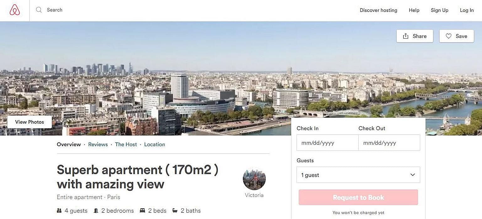 A screenshot of the fraudulent Airbnb listing for a Paris flat that Ms April Cho responded to. She was told by the "host" to send an e-mail, and was then sent a link to a fake payment website that looked like the Airbnb site. Both the listing and the