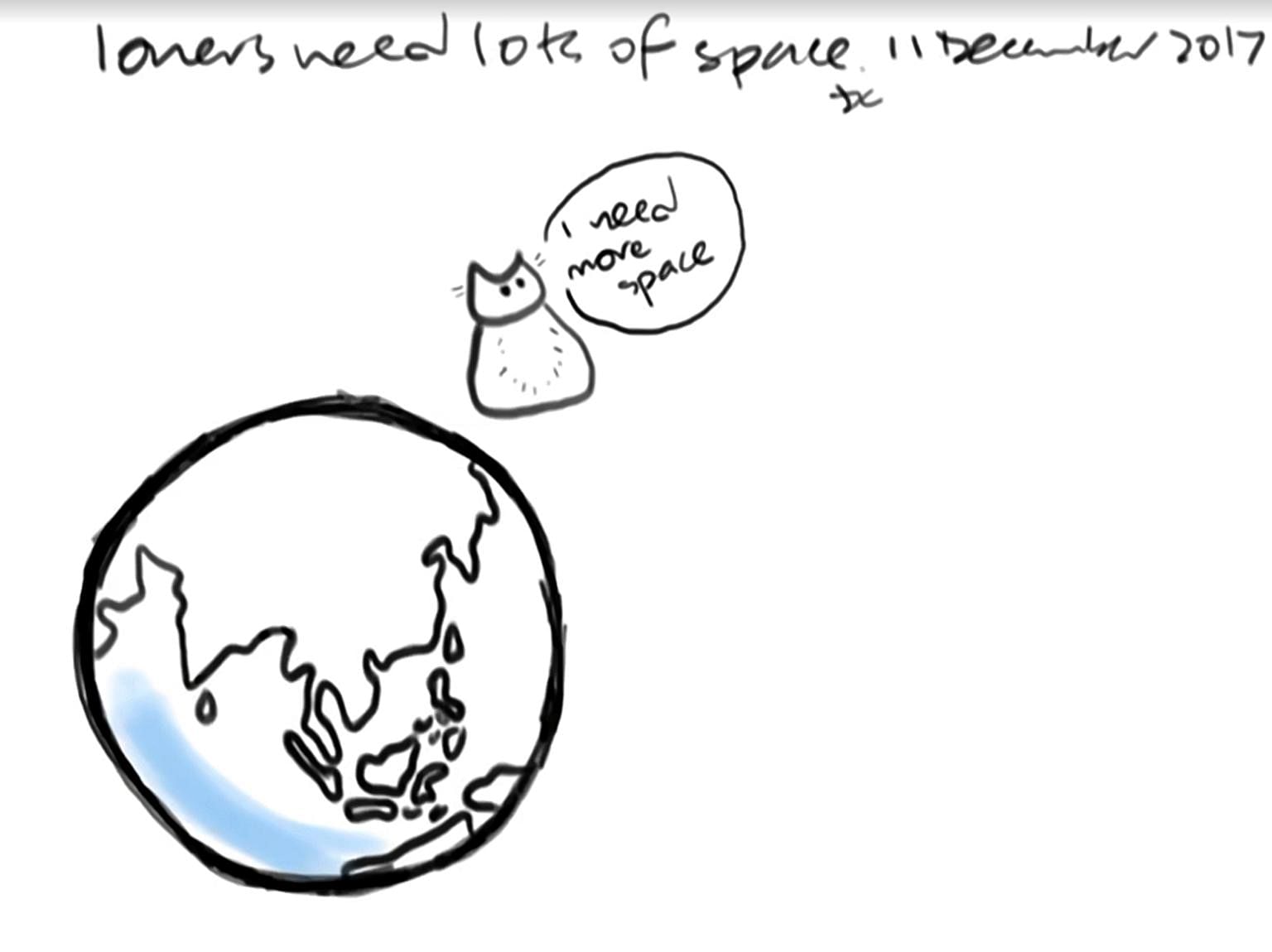 A screen capture of an animated doodle (see the cat float away on Instagram @sseeingthings) by the writer about how, as a loner, as a lifelong stray cat, she always needs more space.
