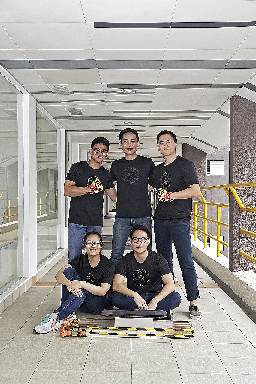 The team, comprising (clockwise from bottom left) Ms Lew Lin, Mr Thant Zaw Aung, Mr Leon Kwang, Mr Chen Xiao Wei and Mr Amos Ng, also set the record for "strongest quantum levitation effect on a hoverboard" in the Singapore Book of Records, with a 70