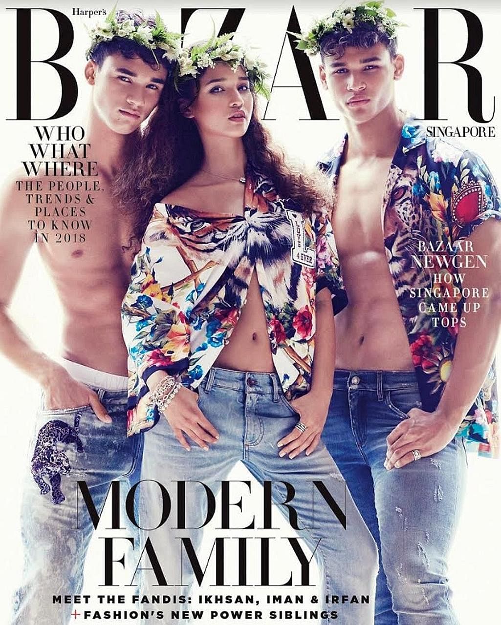 From left: Ikhsan, Iman and Irfan Fandi on the cover of the January 2018 edition of Harper's Bazaar. Fandi's sons are not just making their mark on the pitch but also in fashion.