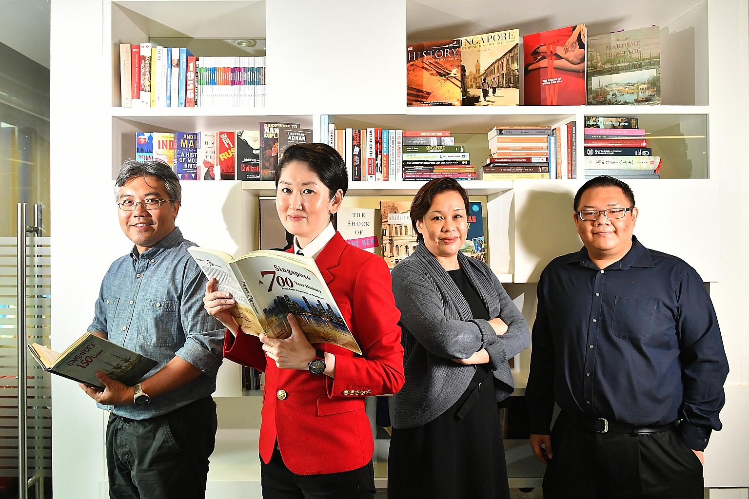 The team in the Singapore Bicentennial Office includes (from left) project director Wan Wee Pin, executive director Gene Tan, assistant director of content and exhibitions Chang Yueh Siang, and manager of content and exhibitions Joshua Sim.