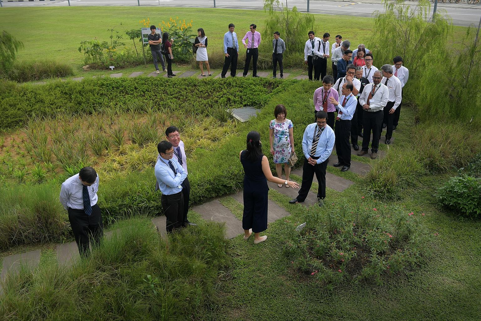 Dr Amy Khor (centre, in floral dress) and representatives from the waste management industry and academia touring the Rain Garden at Republic Polytechnic yesterday. The garden is an outdoor learning facility, built in collaboration with national wate