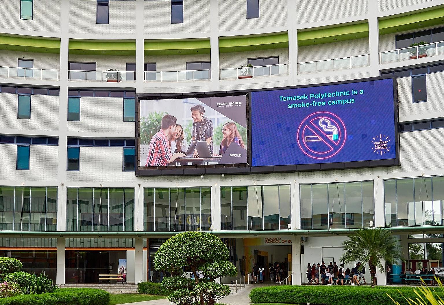 Besides daily reminders on digital screens and e-mails to students, Temasek Poly worked with the Health Promotion Board to roll out the Student Health Advisor scheme, which includes smoking cessation programmes conducted by HPB nurses.