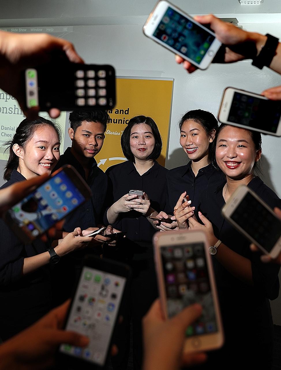 The Singapore Polytechnic team, comprising (from left) Josin Chee, 18, Danial Hadi, 18, Lydia Wong, 22, Chloe Lee,18 and Isabella Lim, 18, surveyed 785 young people between 15 and 35 years old to find out the impact of smartphones on their relationsh