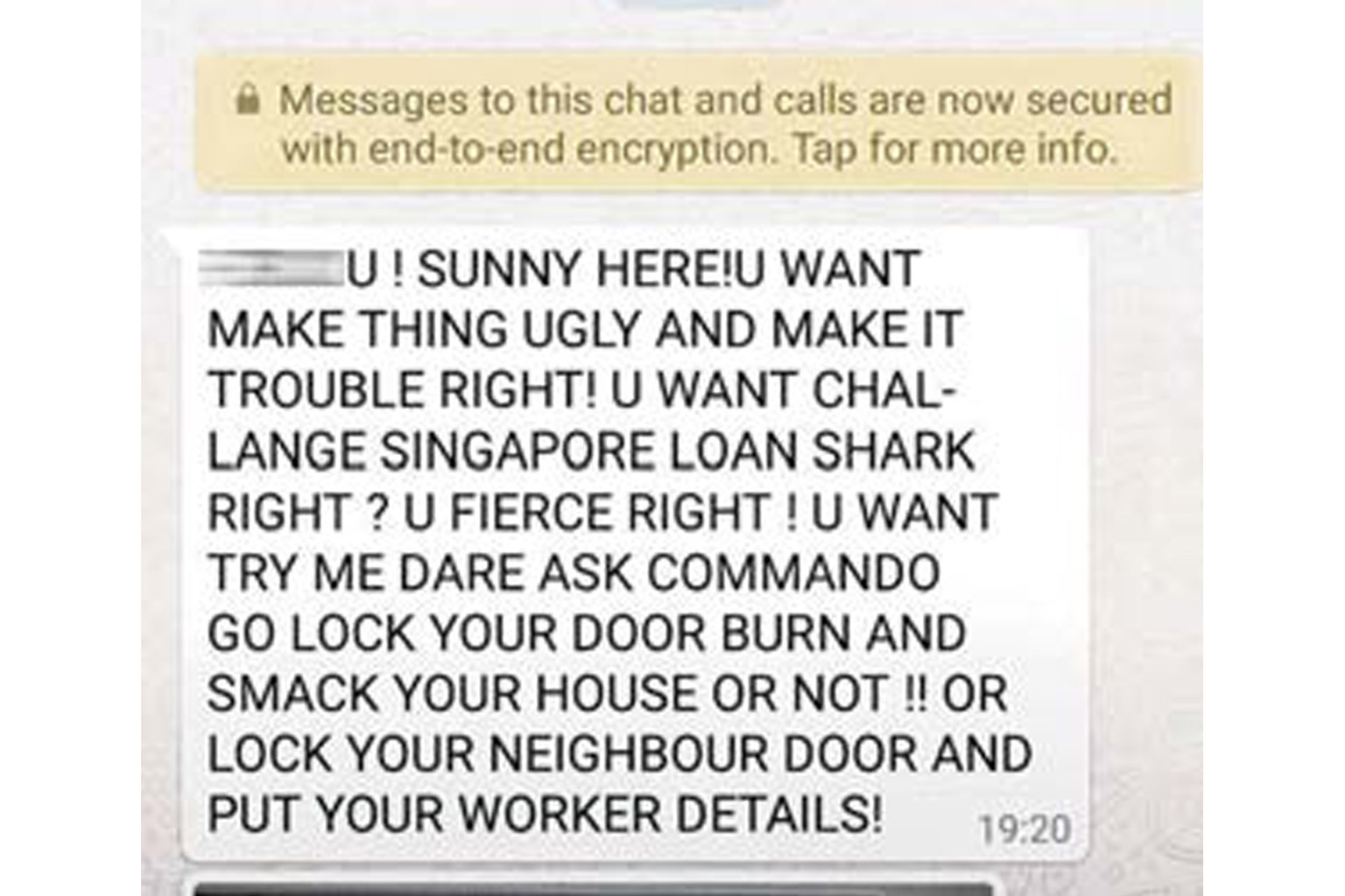 A threatening message sent to Ms Gen's employer on Jan 8.