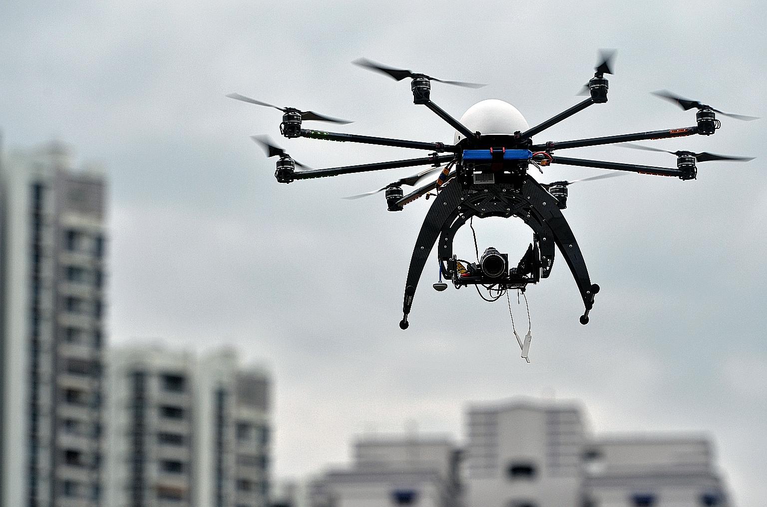 A drone used as part of an inter-agency collaboration for inspecting construction sites in 2016. An ST check found that various condo managements were nearly unanimous in not allowing drones to be used for property listings.