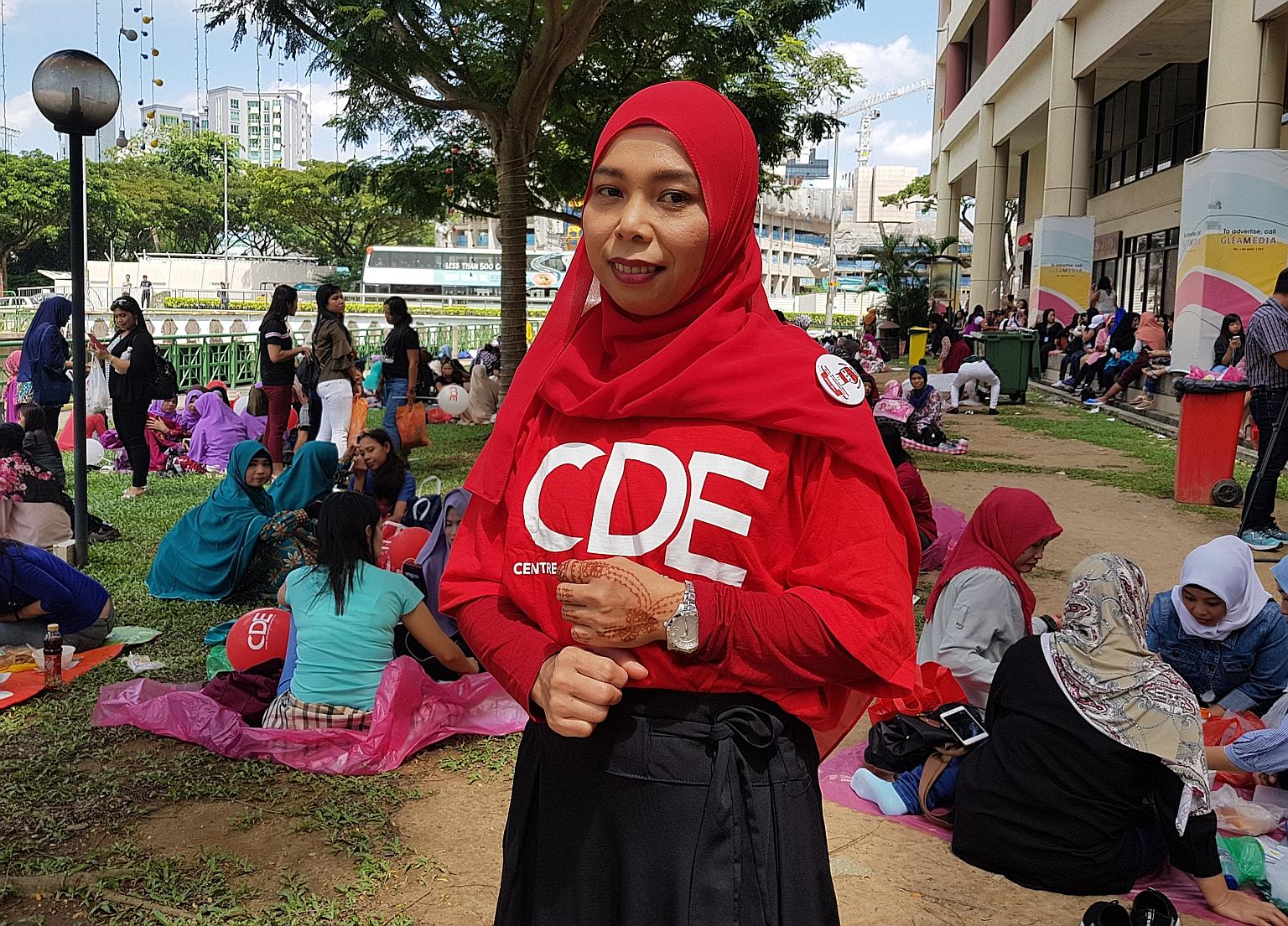 Indonesian domestic worker Rusmawati at the Centre for Domestic Employees' second anniversary celebration at City Plaza yesterday. The centre has made information on maids' rights more accessible, she said.