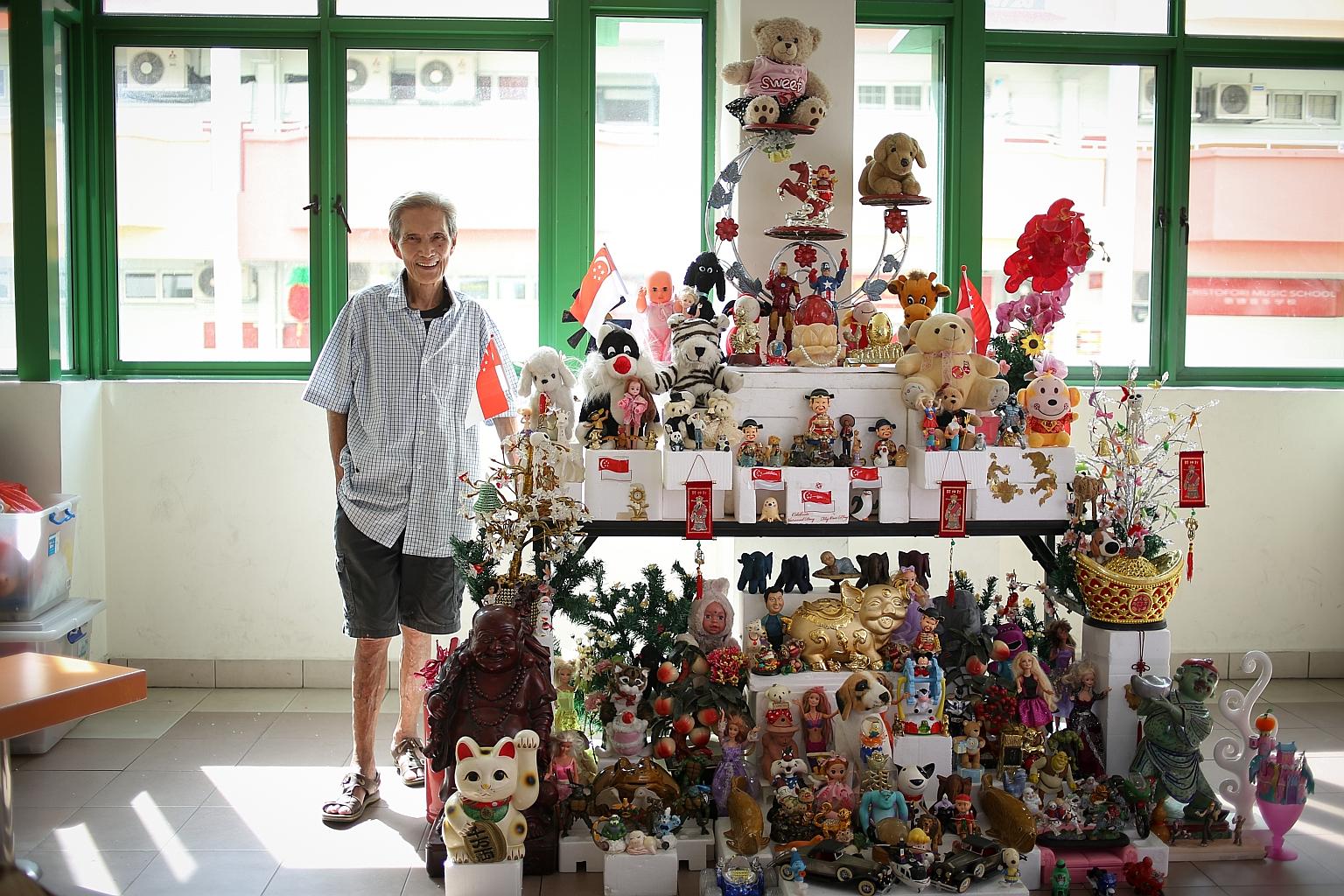 Long-time Yishun resident Or Beng Kooi, 77, is happy to be able to start the year on a good note with his new toy tower, which is on display at Chong Pang CC until March 3. Mr Or has toned down his trademark cheeky style to suit a wider audience.