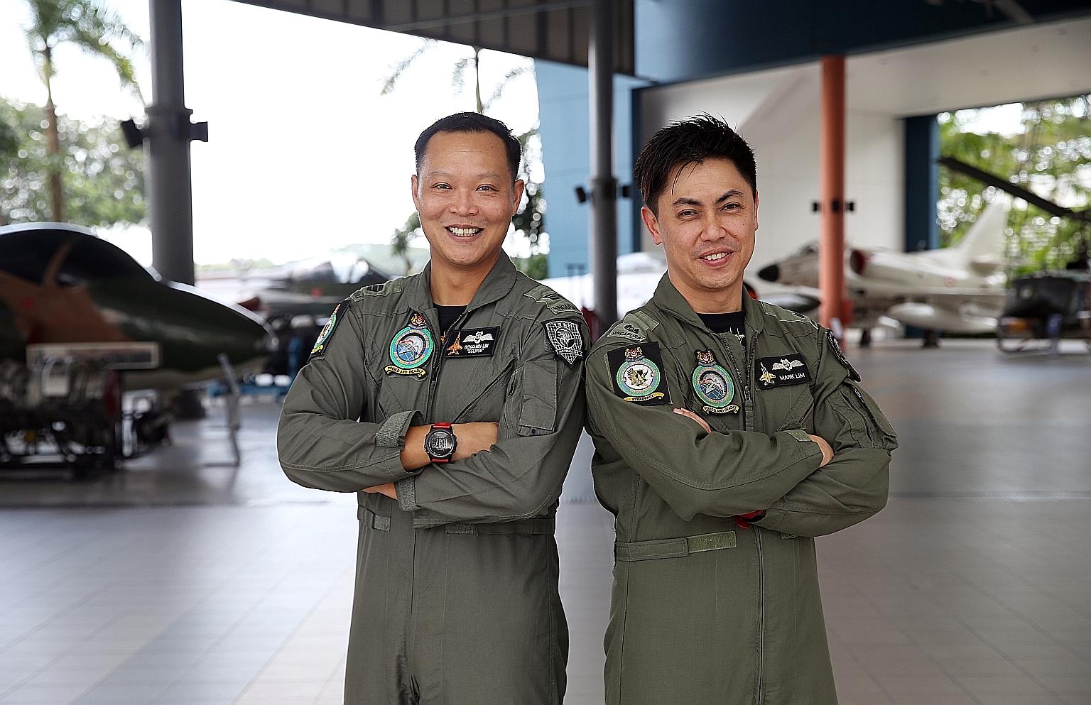 Captain Benjamin Lim (left) and former major Mark Lim at the air force museum in Paya Lebar last week. They were called to intercept an aircraft with possibly hostile intentions during a 2008 mission.