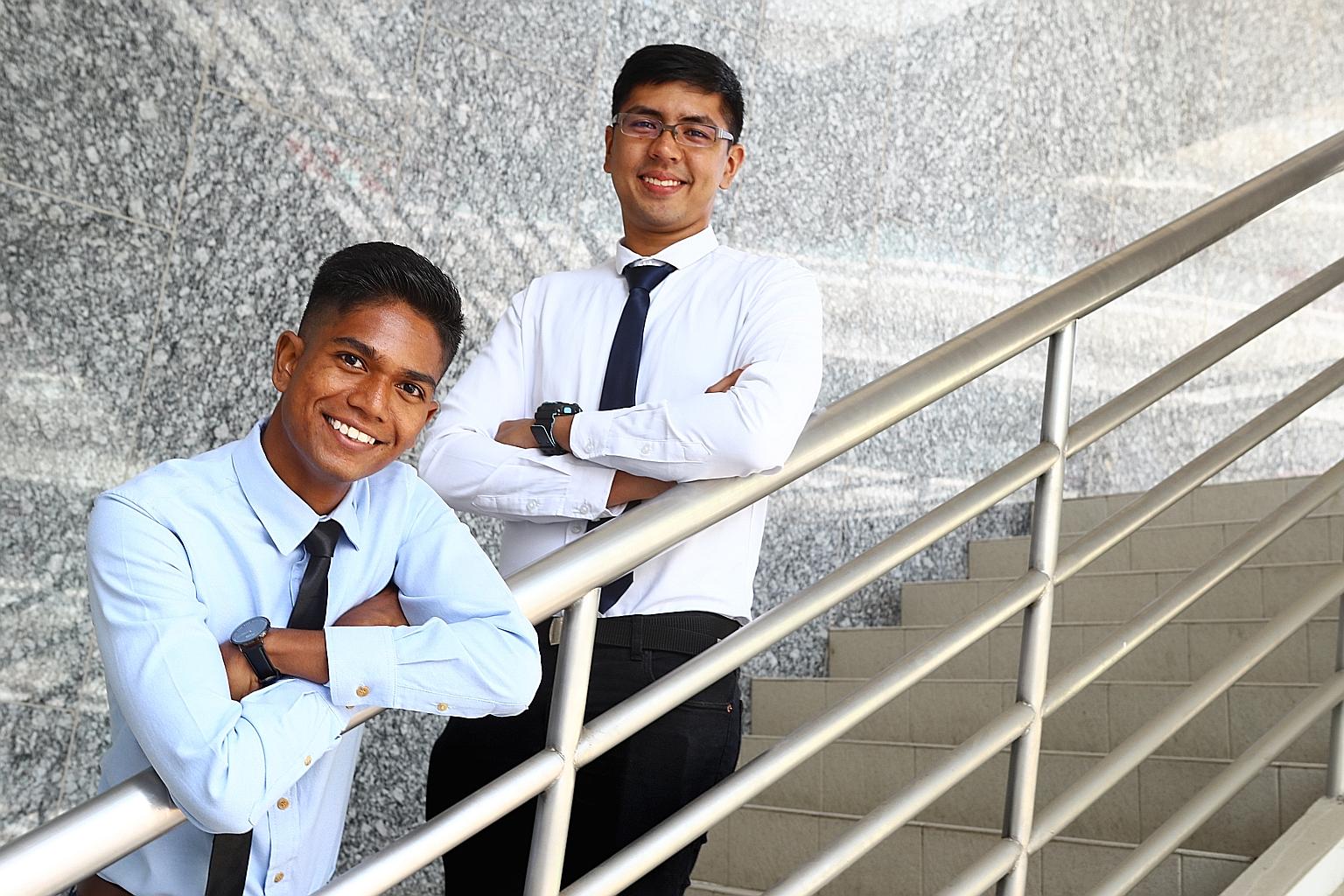 Mr Muhammad Haidil Kamali (far left) and Mr Ajit Kumar are recipients of the BCA-Industry Built Environment ITE Scholarship. They will be working at lift company Chevalier.