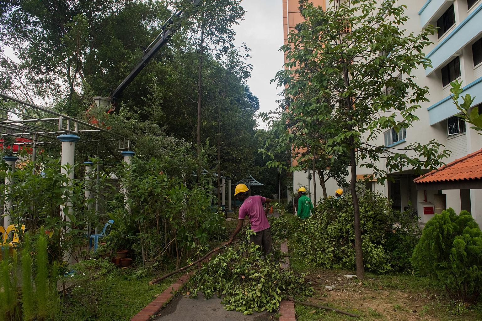 Above: A dumpster sent flying after being battered by strong winds at East Coast Park yesterday. Right: Workers clearing away fallen trees after heavy rain in Yishun Street 72 on Tuesday.