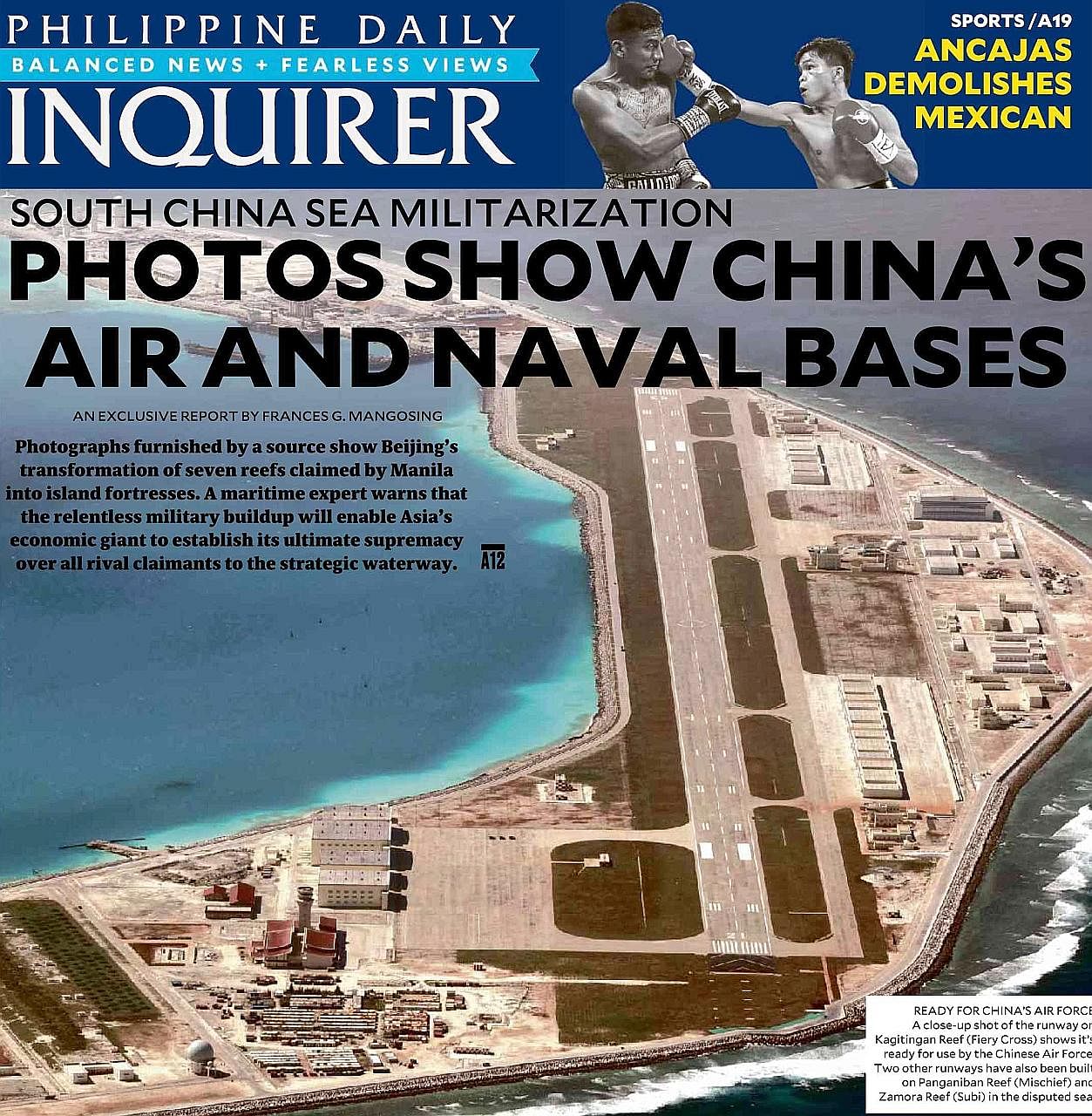 The Philippine Daily Inquirer report published yesterday shows the building of facilities on seven islands that China claims in the South China Sea as nearly done.