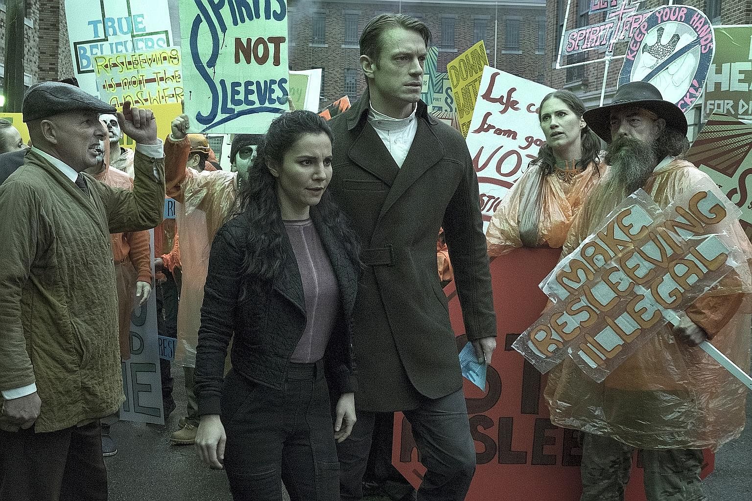 Here And Now dramatises a multi-coloured family, including Holly Hunter as the mother, Audrey, and Raymond Lee as her adopted son, Duc (both above). Altered Carbon, starring Martha Higareda as Ortega and Joel Kinnaman as Kovacs (both left), is set in