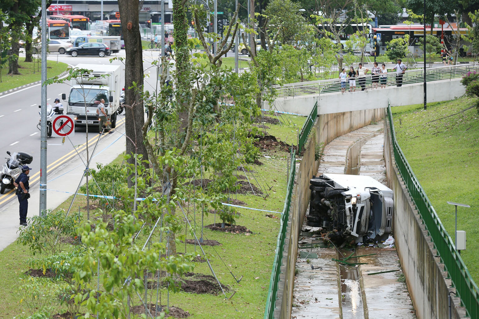 The driver of a lorry was taken to hospital after his vehicle crashed into a canal along Lower Delta Road at about 5pm yesterday. A video on citizen journalism website Stomp showed firemen lowering a ladder into the canal. The video showed skid marks
