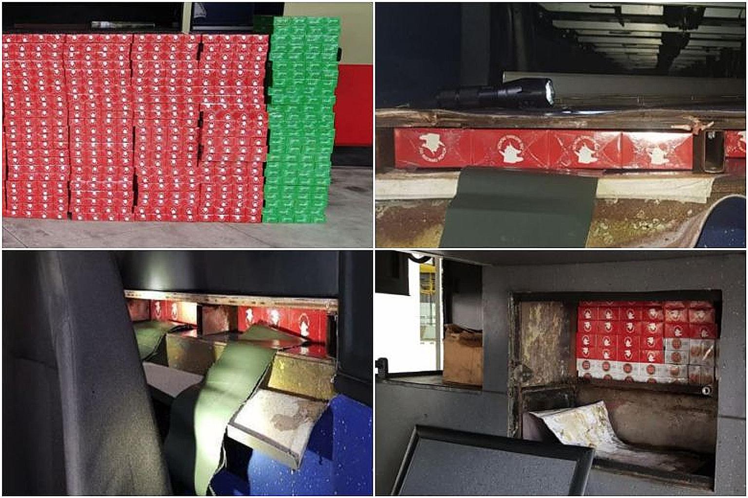 More than 1,000 cartons of contraband cigarettes were hidden in modified compartments behind the driver's seat, and below the floor board and undercarriage of the Singapore-registered tour bus, said ICA.