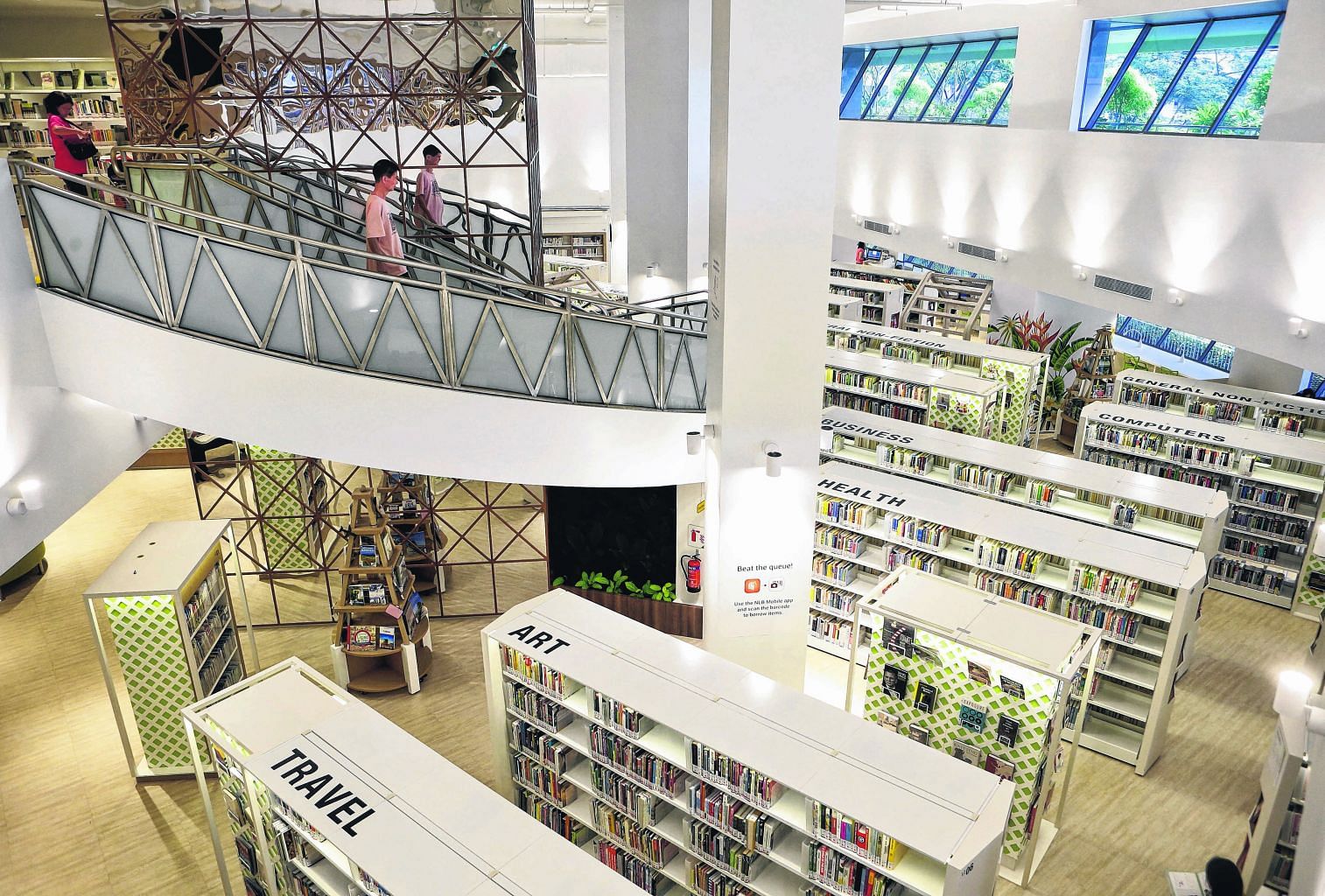 Bedok Public Library is at Heartbeat@ Bedok, an integrated community hub with facilities such as a sports centre, polyclinic and retailers.