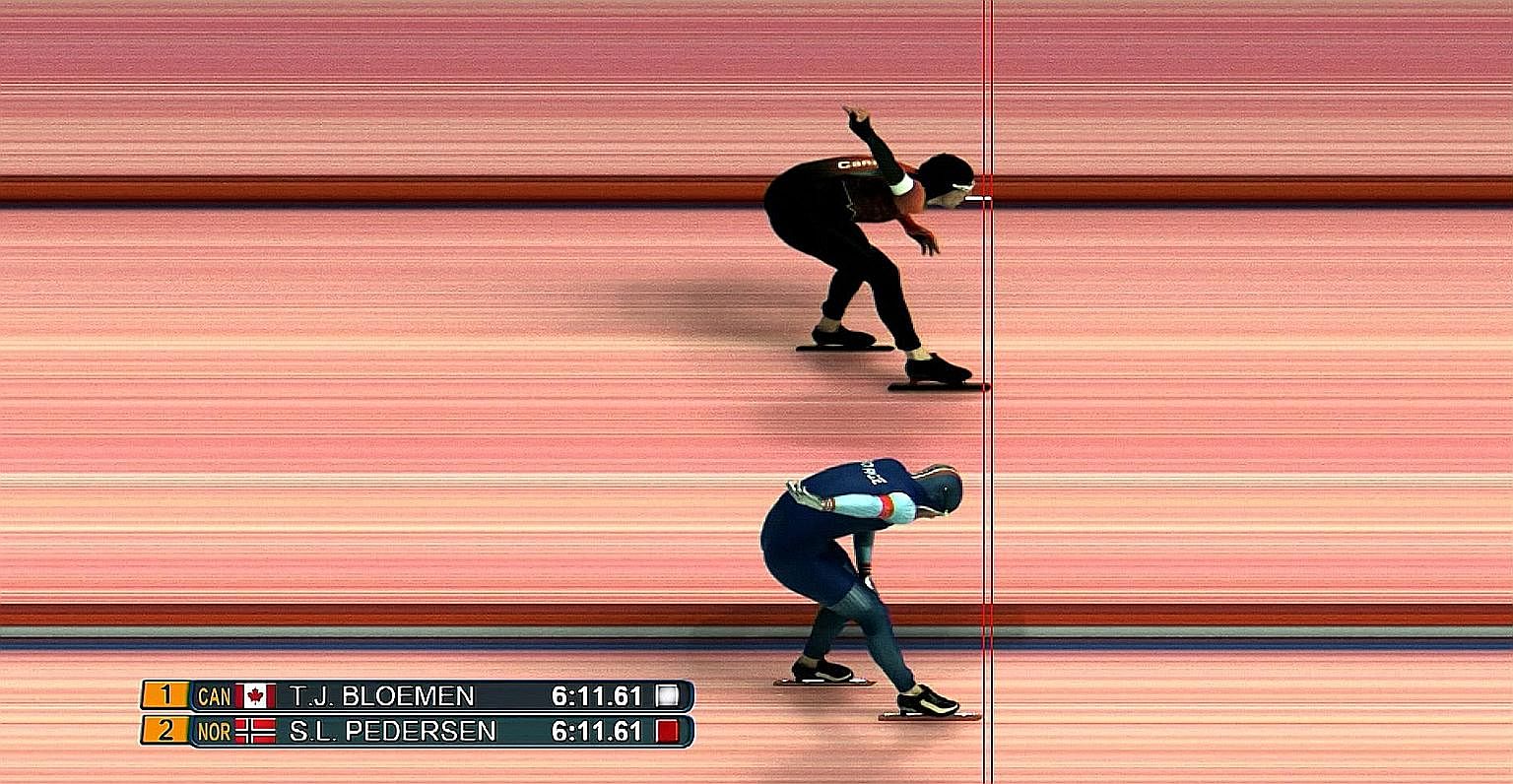 A screen grab of a television replay showing the blade of Canada's Ted-Jan Bloemen crossing the line two-thousandths of a second ahead of Norway's Sverre Lunde Pedersen.
