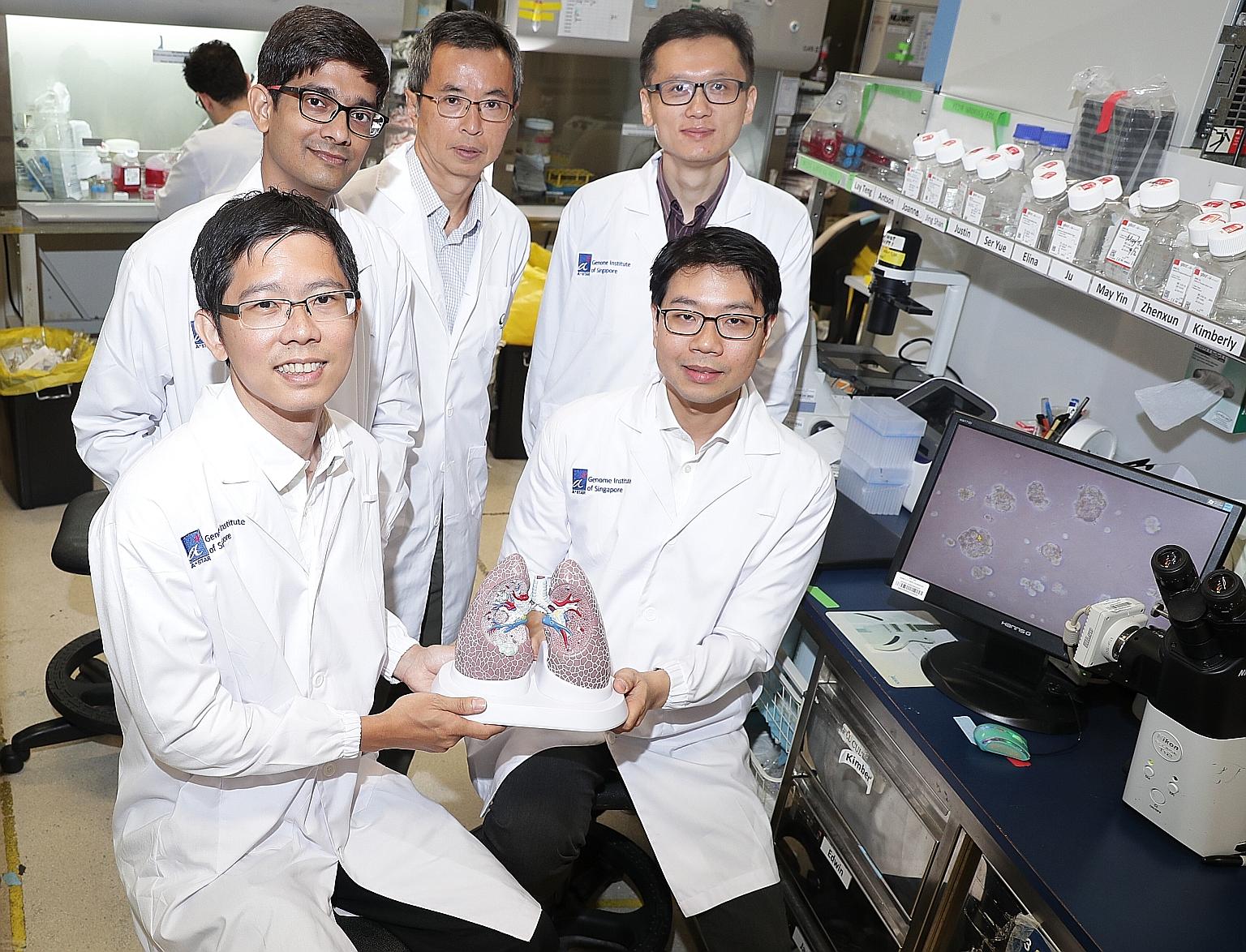 Scientists who worked on the lung cancer study: (front row, from left) Dr Tam Wai Leong, 39, and Dr Daniel Tan, 40, and (back row, from left) Dr Rahul Nahar, 34, Dr Tan Eng Huat, 55, and Dr Zhai Weiwei, 38.