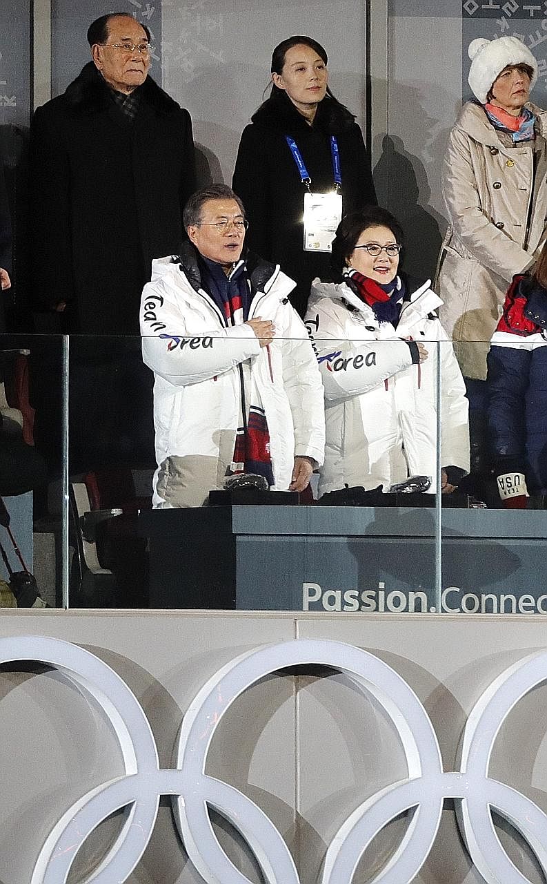 South Korean President Moon Jae In and his wife Kim Jung Sook (both in front), with North Korea's ceremonial head of state Kim Yong Nam and Ms Kim Yo Jong, at the Winter Olympics opening ceremony in Pyeongchang last Friday.