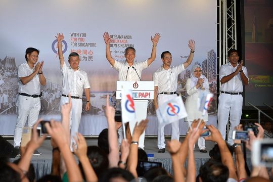 PM Lee Hsien Loong and his Ang Mo Kio GRC teammates (from left) Gan Thiam Poh, Ang Hin Kee, Koh Poh Koon, Intan Azura Mokhtar and Darryl David thanking supporters at Toa Payoh Stadium during the 2015 General Election. In the Singapore context, a gene
